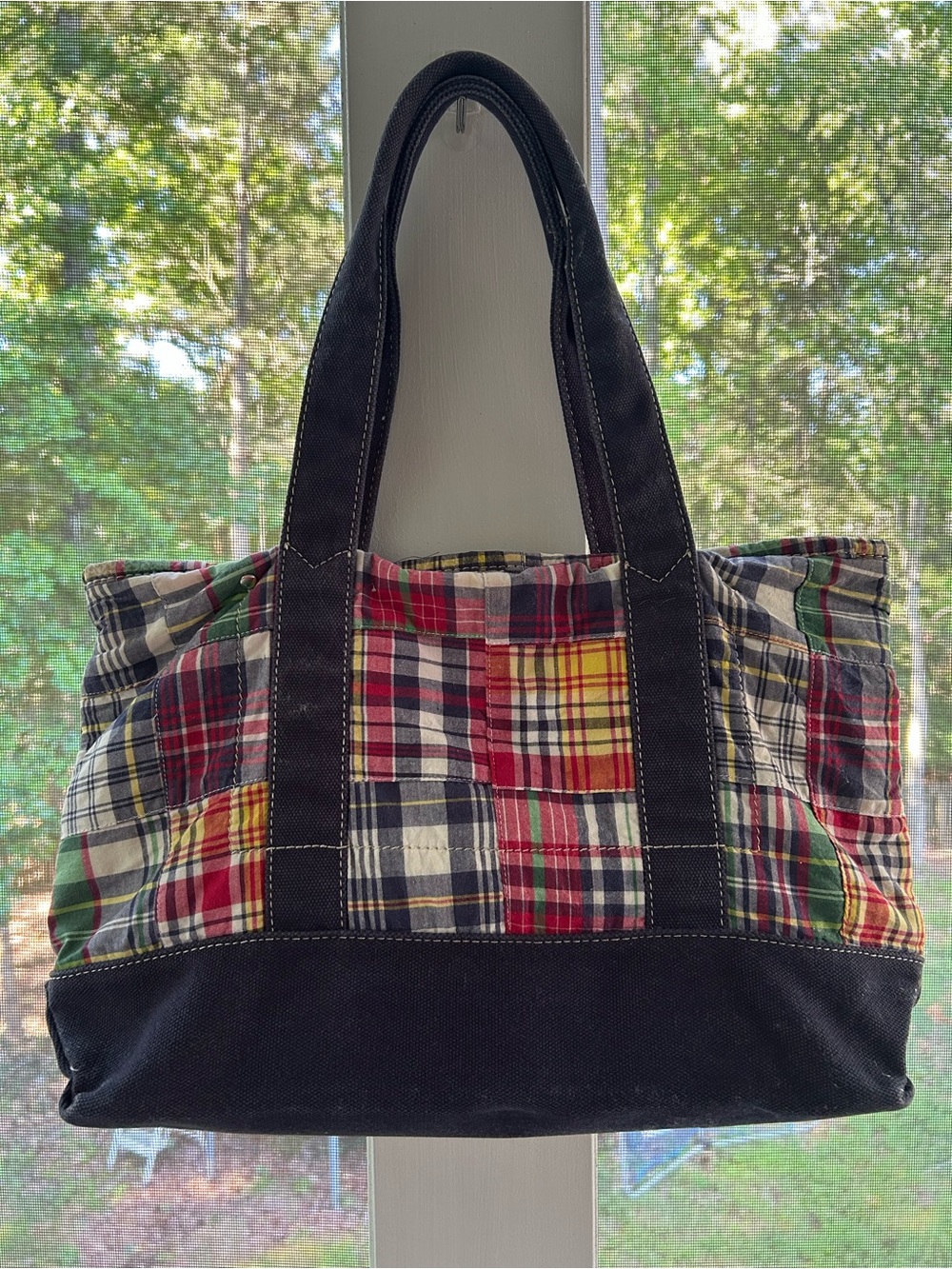 J.Crew 2007 Patchwork Madras Plaid Tote Bag Leather Logo Preppy Coastal - Picture 1 of 7